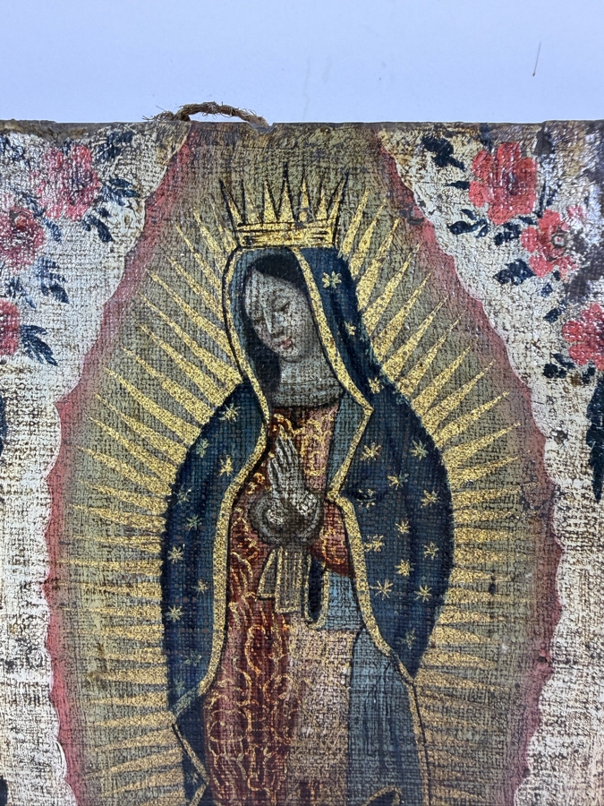 Antique Original Mexican Retablo Painting On Canvas Depicting Our Lady Of Guadalupe, The Virgin Mary 5.5 X 8 [Photo 2]