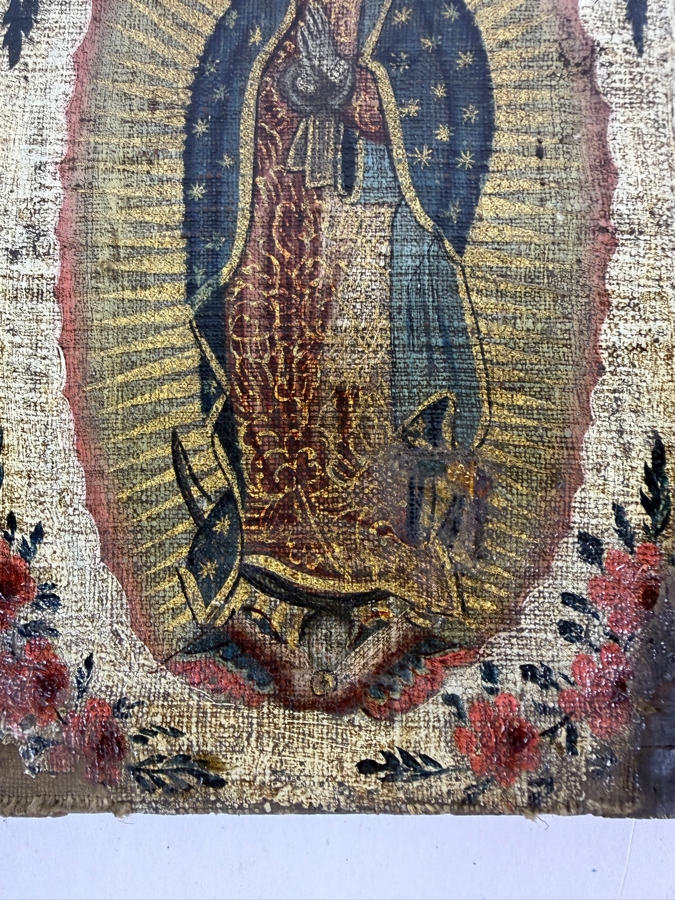 Antique Original Mexican Retablo Painting On Canvas Depicting Our Lady Of Guadalupe, The Virgin Mary 5.5 X 8 [Photo 5]