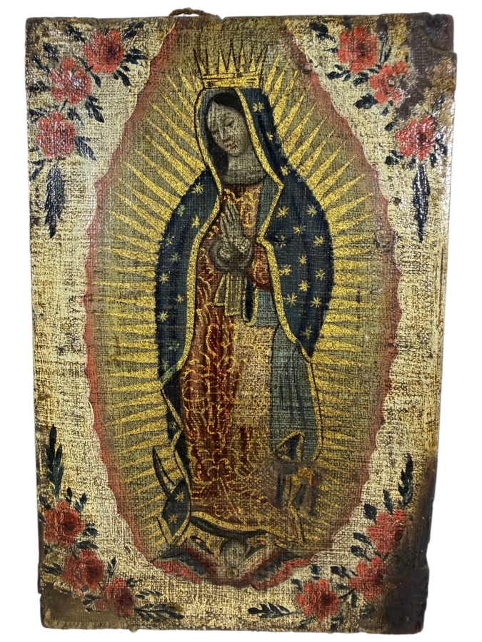 Antique Original Mexican Retablo Painting On Canvas Depicting Our Lady Of Guadalupe, The Virgin Mary 5.5 X 8