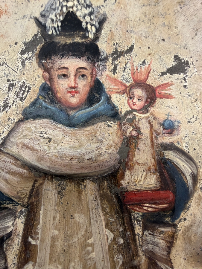 Antique Original Mexican Retablo Painting On Tin Featuring A Saint Holding The Christ Child 5 X 7 Framed 6 X 8 [Photo 5]