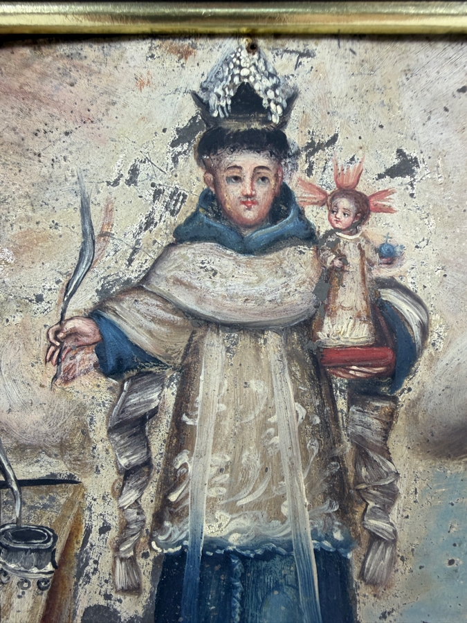 Antique Original Mexican Retablo Painting On Tin Featuring A Saint Holding The Christ Child 5 X 7 Framed 6 X 8 [Photo 4]