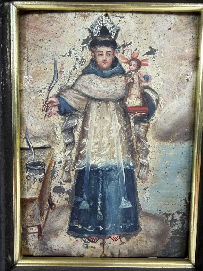Antique Original Mexican Retablo Painting On Tin Featuring A Saint Holding The Christ Child 5 X 7 Framed 6 X 8 [Photo 2]