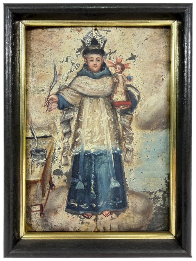 Antique Original Mexican Retablo Painting On Tin Featuring A Saint Holding The Christ Child 5 X 7 Framed 6 X 8