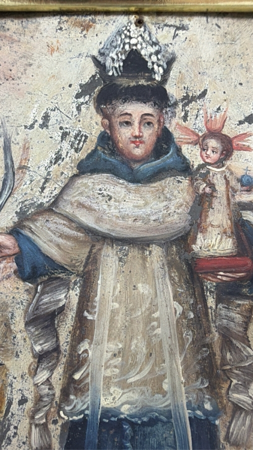 Antique Original Mexican Retablo Painting On Tin Featuring A Saint Holding The Christ Child 5 X 7 Framed 6 X 8 [Photo 3]