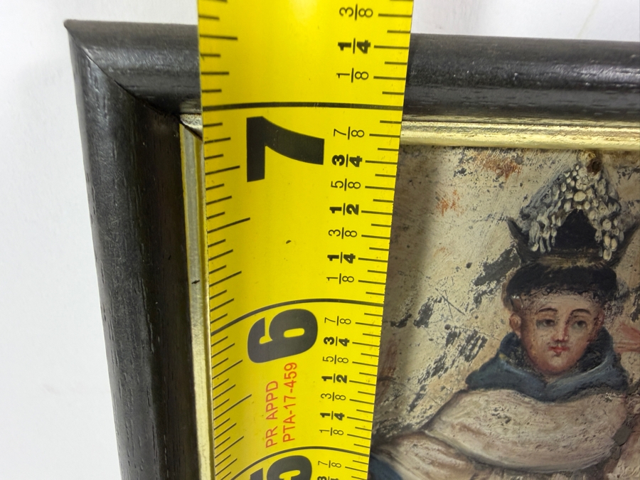 Antique Original Mexican Retablo Painting On Tin Featuring A Saint Holding The Christ Child 5 X 7 Framed 6 X 8 [Photo 8]
