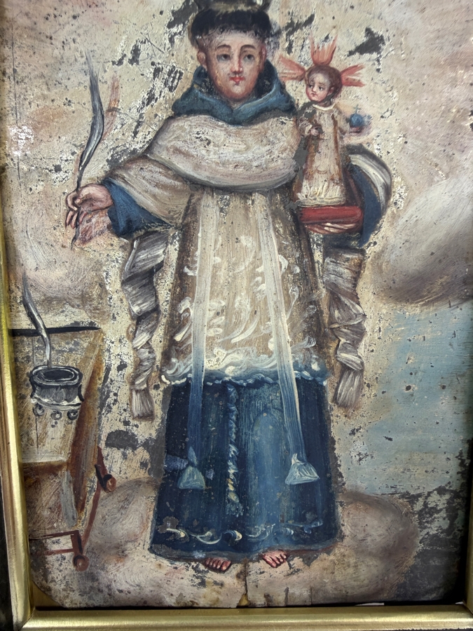 Antique Original Mexican Retablo Painting On Tin Featuring A Saint Holding The Christ Child 5 X 7 Framed 6 X 8 [Photo 6]
