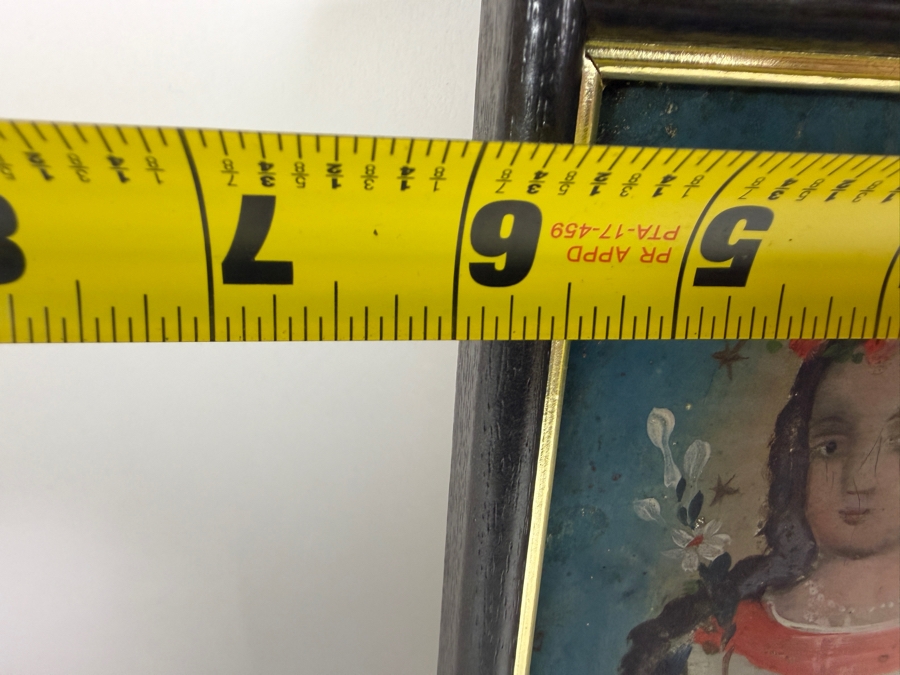 Antique Original Mexican Retablo Painting On Tin Featuring The Virgin Mary Crowned With Roses 'The Soul Of Mary' 4.75 X 6.75 Framed 6 X 7.75 [Photo 7]