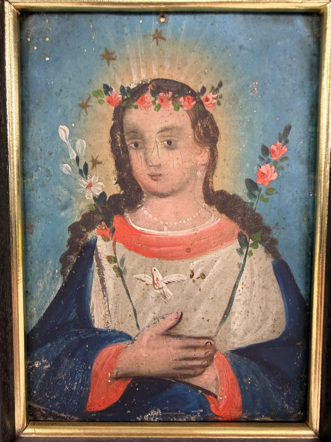 Antique Original Mexican Retablo Painting On Tin Featuring The Virgin Mary Crowned With Roses 'The Soul Of Mary' 4.75 X 6.75 Framed 6 X 7.75 [Photo 2]