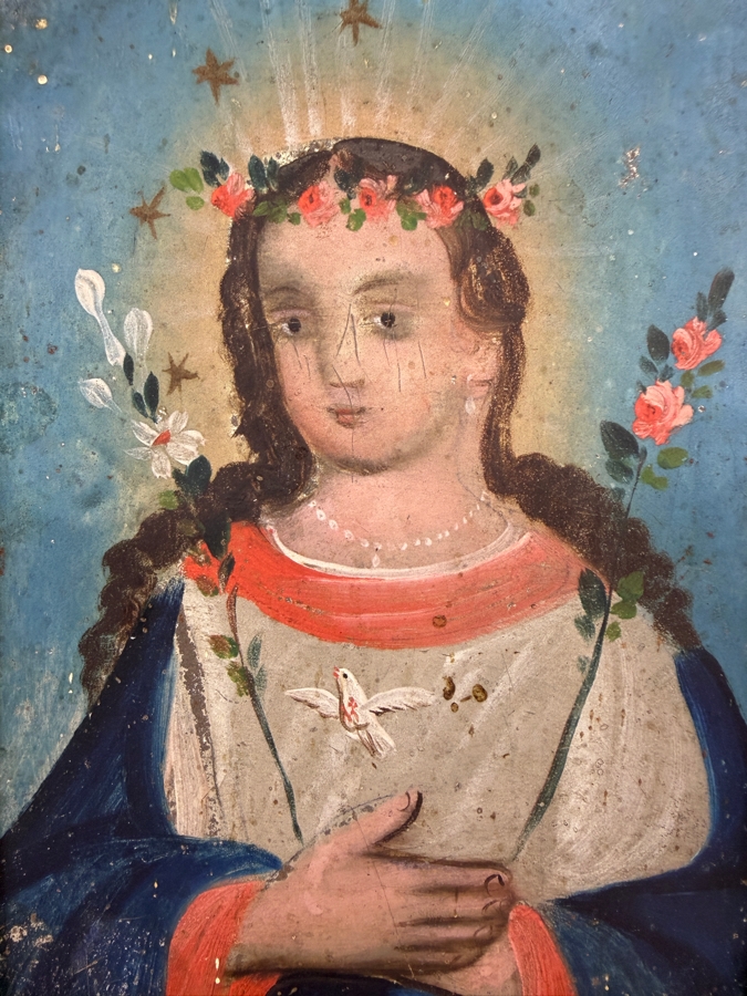 Antique Original Mexican Retablo Painting On Tin Featuring The Virgin Mary Crowned With Roses 'The Soul Of Mary' 4.75 X 6.75 Framed 6 X 7.75 [Photo 3]