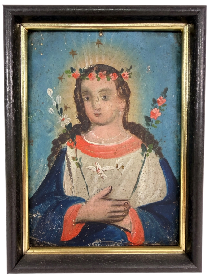 Antique Original Mexican Retablo Painting On Tin Featuring The Virgin Mary Crowned With Roses 'The Soul Of Mary' 4.75 X 6.75 Framed 6 X 7.75