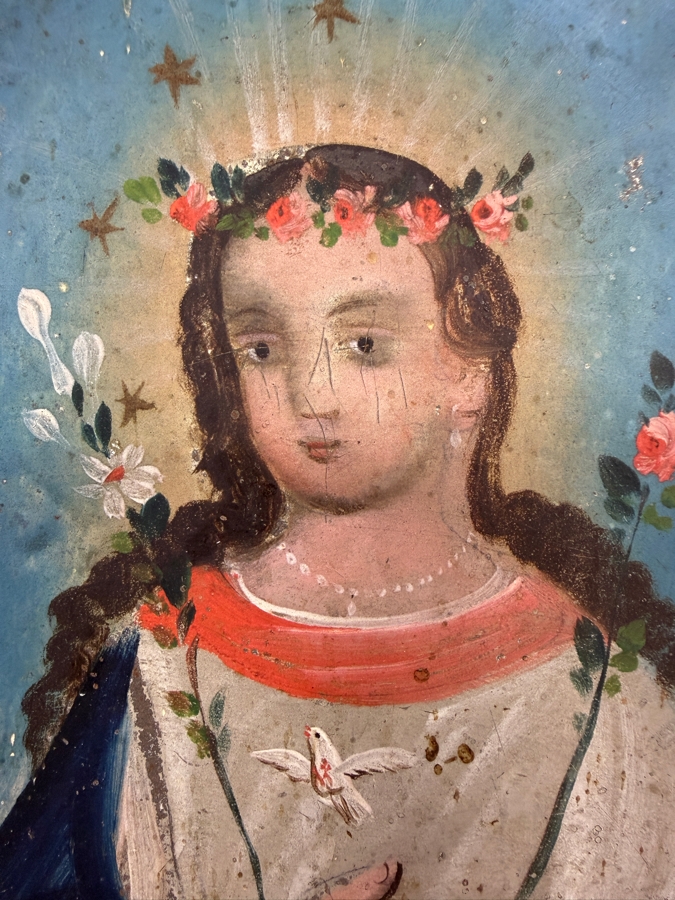Antique Original Mexican Retablo Painting On Tin Featuring The Virgin Mary Crowned With Roses 'The Soul Of Mary' 4.75 X 6.75 Framed 6 X 7.75 [Photo 4]