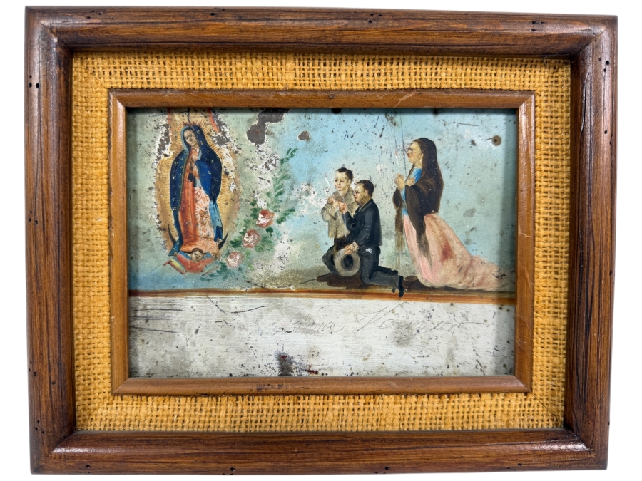 Antique Original Mexican Retablo Painting On Tin Depicting Three Figures Kneeling In Prayer Before An Apparition Of Our Lady Of Guadalupe, The Virgin Mary 6.5 X 4.5 Framed 9.5 X 7.5