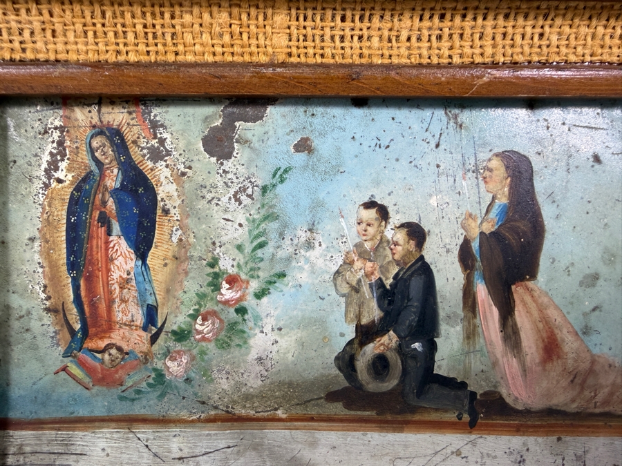 Antique Original Mexican Retablo Painting On Tin Depicting Three Figures Kneeling In Prayer Before An Apparition Of Our Lady Of Guadalupe, The Virgin Mary 6.5 X 4.5 Framed 9.5 X 7.5 [Photo 3]