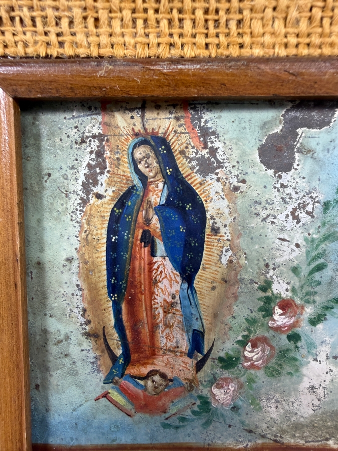 Antique Original Mexican Retablo Painting On Tin Depicting Three Figures Kneeling In Prayer Before An Apparition Of Our Lady Of Guadalupe, The Virgin Mary 6.5 X 4.5 Framed 9.5 X 7.5 [Photo 5]