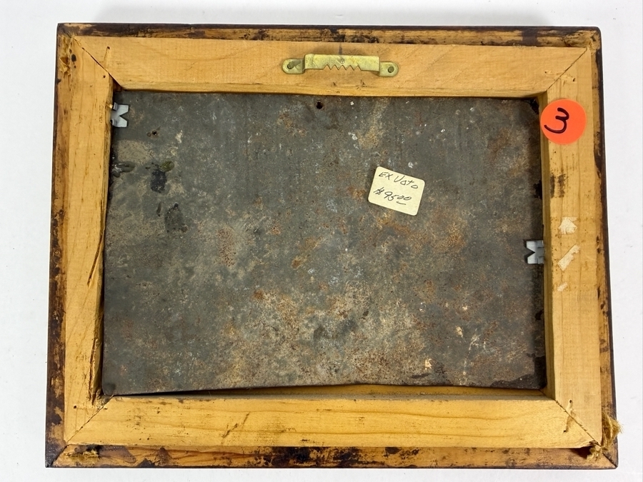 Antique Original Mexican Retablo Painting On Tin Depicting Three Figures Kneeling In Prayer Before An Apparition Of Our Lady Of Guadalupe, The Virgin Mary 6.5 X 4.5 Framed 9.5 X 7.5 [Photo 15]