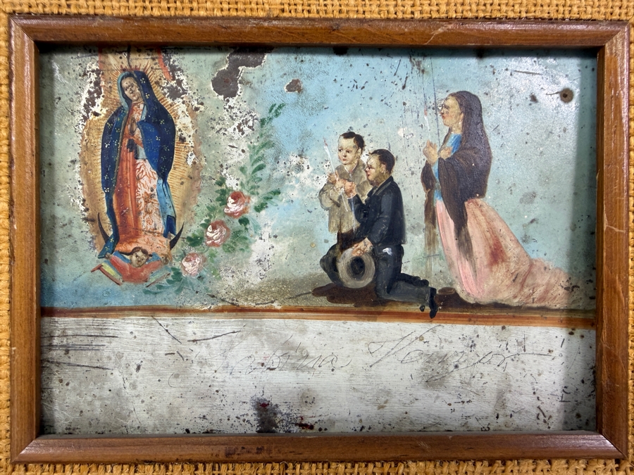 Antique Original Mexican Retablo Painting On Tin Depicting Three Figures Kneeling In Prayer Before An Apparition Of Our Lady Of Guadalupe, The Virgin Mary 6.5 X 4.5 Framed 9.5 X 7.5 [Photo 2]