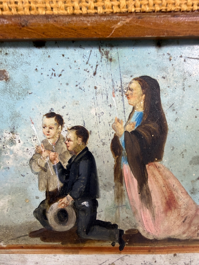 Antique Original Mexican Retablo Painting On Tin Depicting Three Figures Kneeling In Prayer Before An Apparition Of Our Lady Of Guadalupe, The Virgin Mary 6.5 X 4.5 Framed 9.5 X 7.5 [Photo 6]