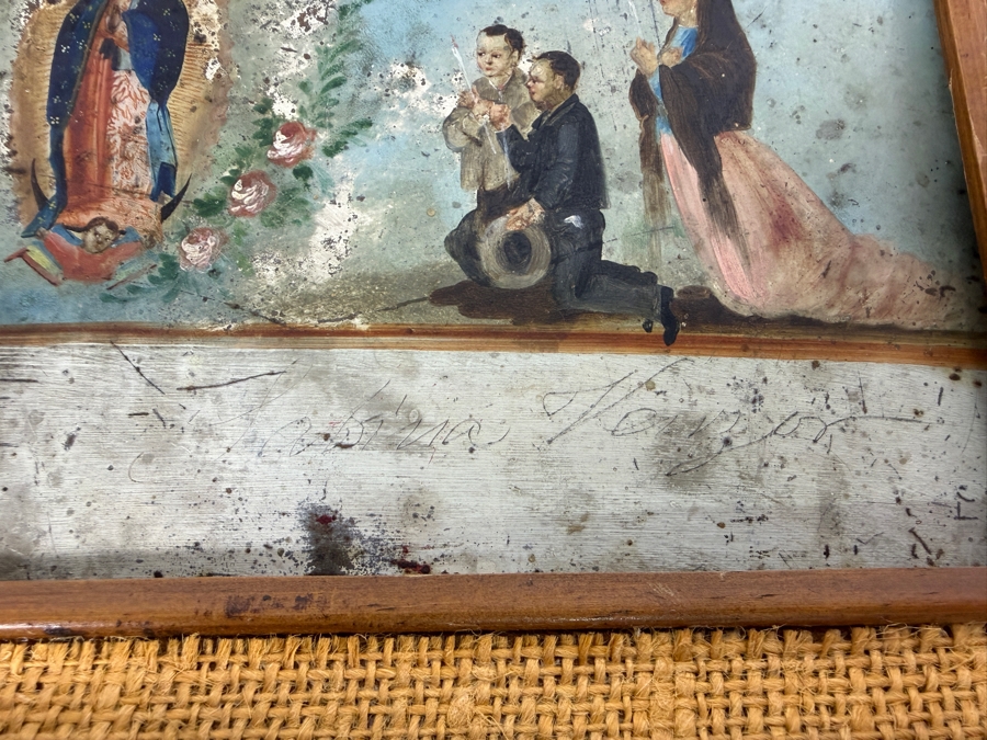 Antique Original Mexican Retablo Painting On Tin Depicting Three Figures Kneeling In Prayer Before An Apparition Of Our Lady Of Guadalupe, The Virgin Mary 6.5 X 4.5 Framed 9.5 X 7.5 [Photo 10]