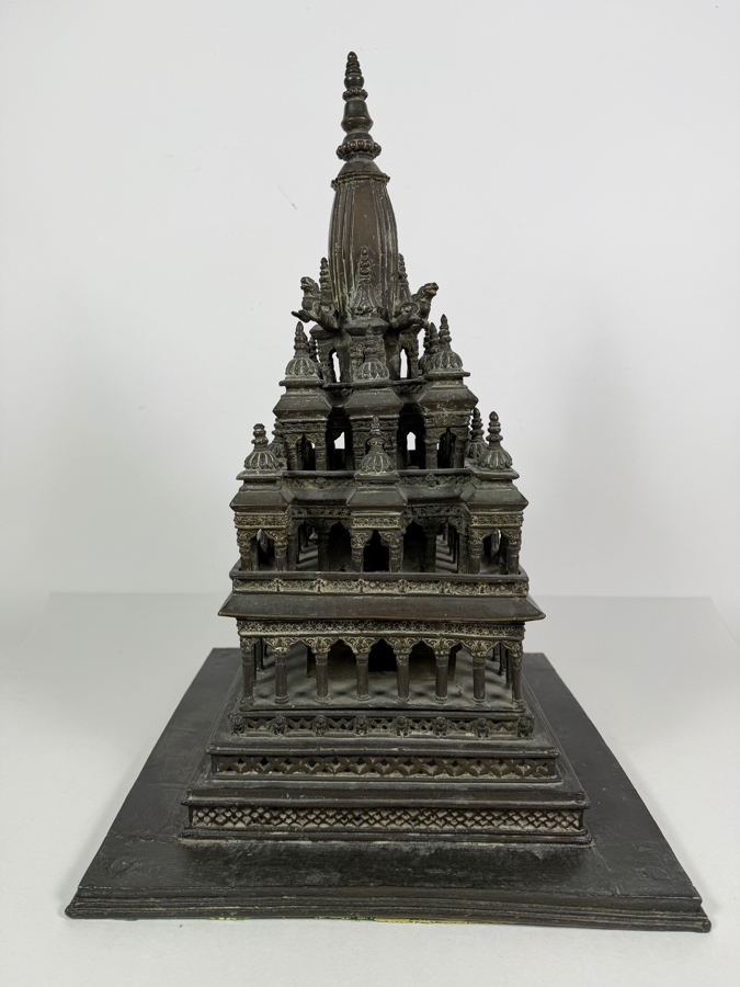 Antique Bronze Model Of The Krishna Mandir In Patan, Nepal Used as a Decorative Freestanding Oil Lamp 12.5W X 12.5D X 19H [Photo 11]
