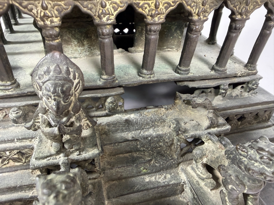 Antique Bronze Model Of The Krishna Mandir In Patan, Nepal Used as a Decorative Freestanding Oil Lamp 12.5W X 12.5D X 19H [Photo 9]