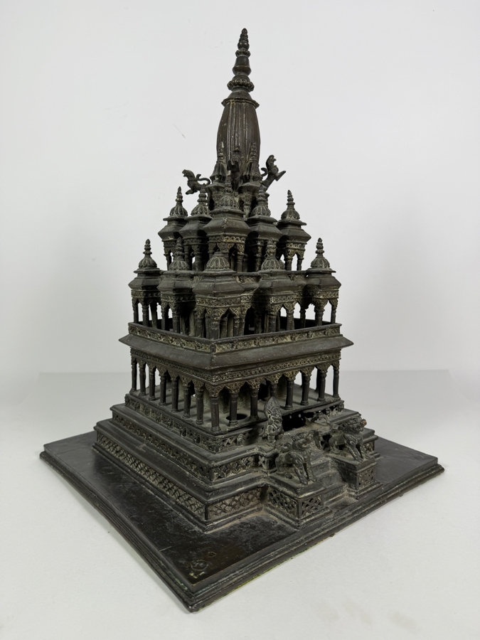 Antique Bronze Model Of The Krishna Mandir In Patan, Nepal Used as a Decorative Freestanding Oil Lamp 12.5W X 12.5D X 19H [Photo 8]