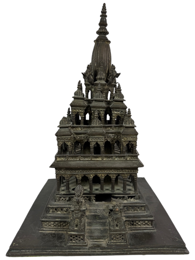 Antique Bronze Model Of The Krishna Mandir In Patan, Nepal Used as a Decorative Freestanding Oil Lamp 12.5W X 12.5D X 19H [Photo 3]