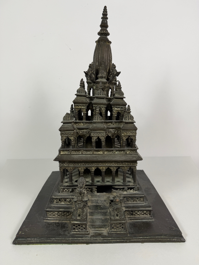 Antique Bronze Model Of The Krishna Mandir In Patan, Nepal Used as a Decorative Freestanding Oil Lamp 12.5W X 12.5D X 19H [Photo 2]