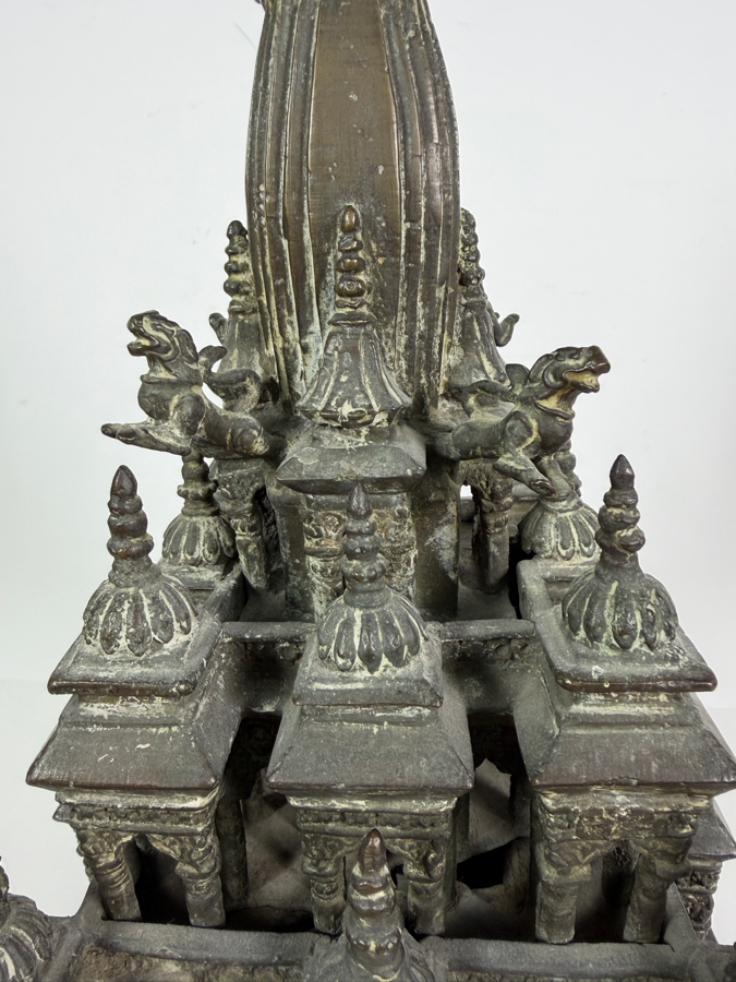 Antique Bronze Model Of The Krishna Mandir In Patan, Nepal Used as a Decorative Freestanding Oil Lamp 12.5W X 12.5D X 19H [Photo 12]