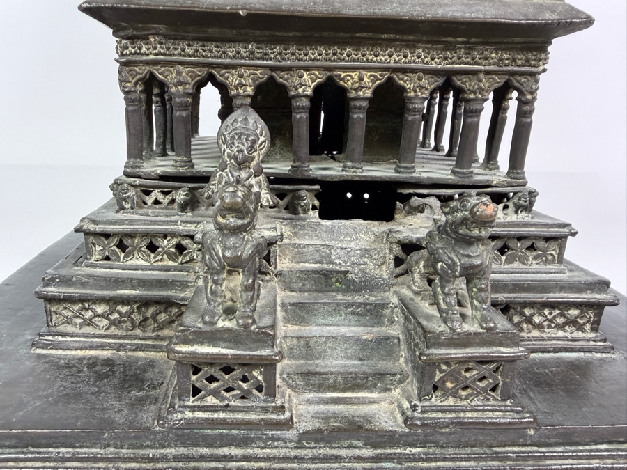 Antique Bronze Model Of The Krishna Mandir In Patan, Nepal Used as a Decorative Freestanding Oil Lamp 12.5W X 12.5D X 19H [Photo 4]