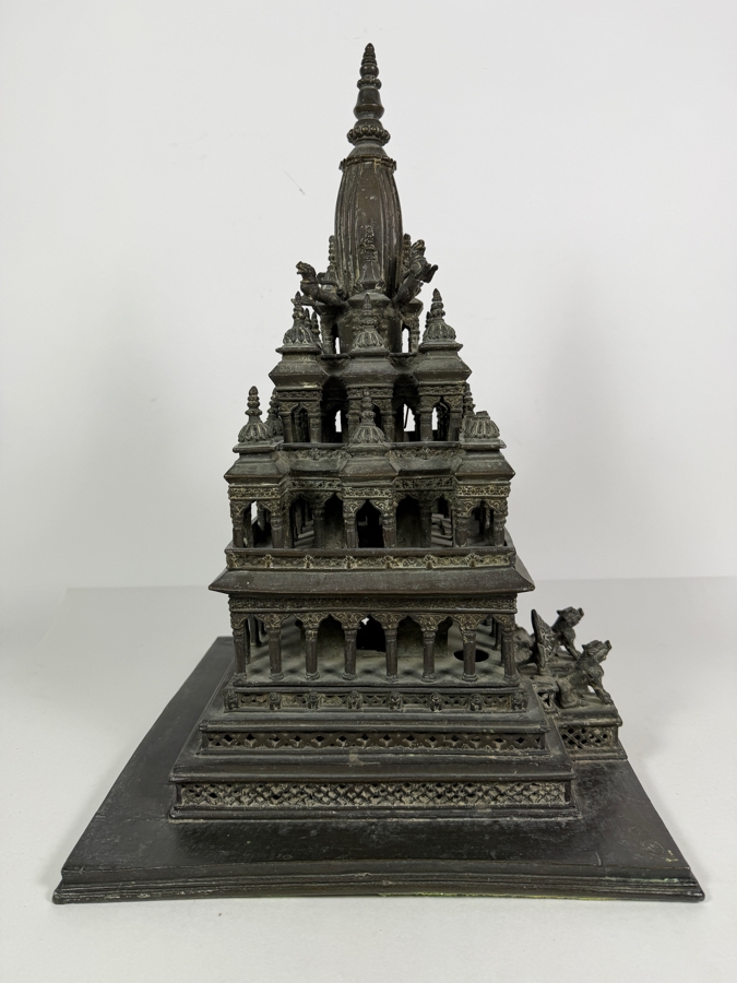 Antique Bronze Model Of The Krishna Mandir In Patan, Nepal Used as a Decorative Freestanding Oil Lamp 12.5W X 12.5D X 19H [Photo 10]