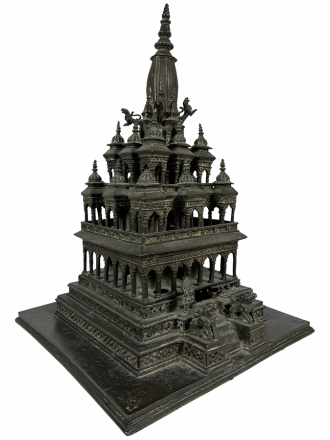 Antique Bronze Model Of The Krishna Mandir In Patan, Nepal Used as a Decorative Freestanding Oil Lamp 12.5W X 12.5D X 19H