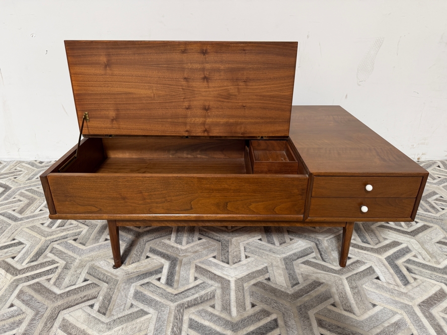 Mid-Century Modern Kipp Stewart and Stewart MacDougall 'Declaration' Coffee Table for Drexel that Features a Functional Walnut Top that Lifts to Reveal Storage With Original Box 46W X 32D X 16H [Photo 5]