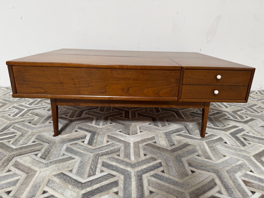 Mid-Century Modern Kipp Stewart and Stewart MacDougall 'Declaration' Coffee Table for Drexel that Features a Functional Walnut Top that Lifts to Reveal Storage With Original Box 46W X 32D X 16H [Photo 4]