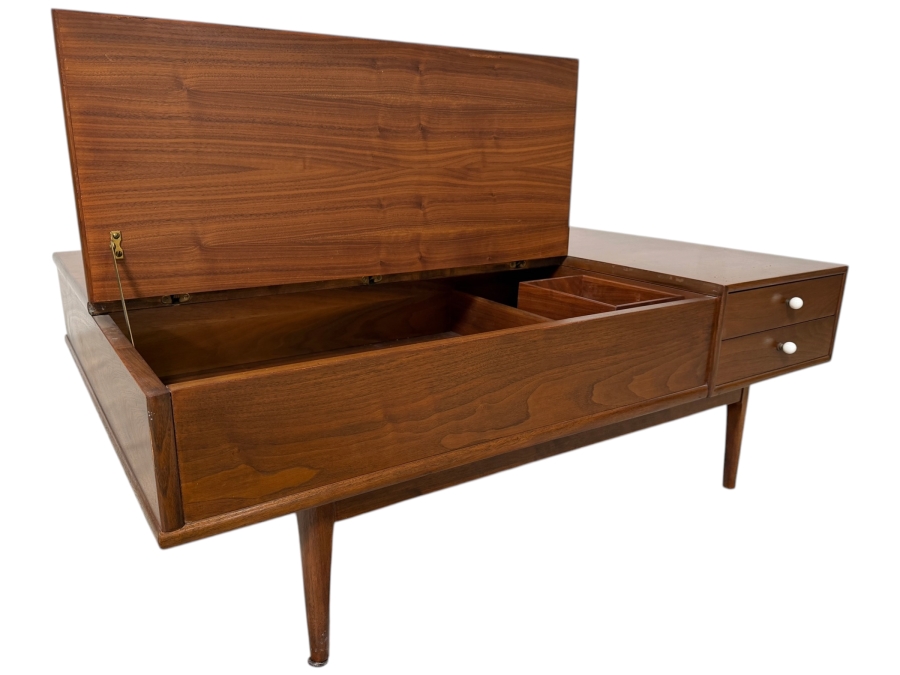 Mid-Century Modern Kipp Stewart and Stewart MacDougall 'Declaration' Coffee Table for Drexel that Features a Functional Walnut Top that Lifts to Reveal Storage With Original Box 46W X 32D X 16H
