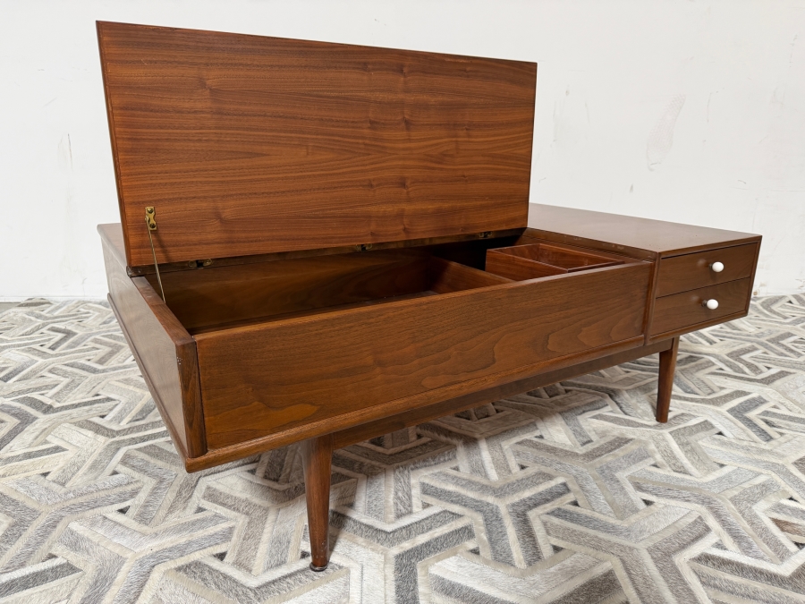 Mid-Century Modern Kipp Stewart and Stewart MacDougall 'Declaration' Coffee Table for Drexel that Features a Functional Walnut Top that Lifts to Reveal Storage With Original Box 46W X 32D X 16H [Photo 2]