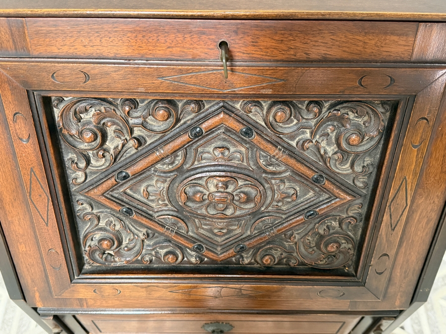 Antique Edwardian-era Hand Carved Wooden Drop-Front Secretary Desk Bureau 19W X 15D X 41.5H [Photo 4]