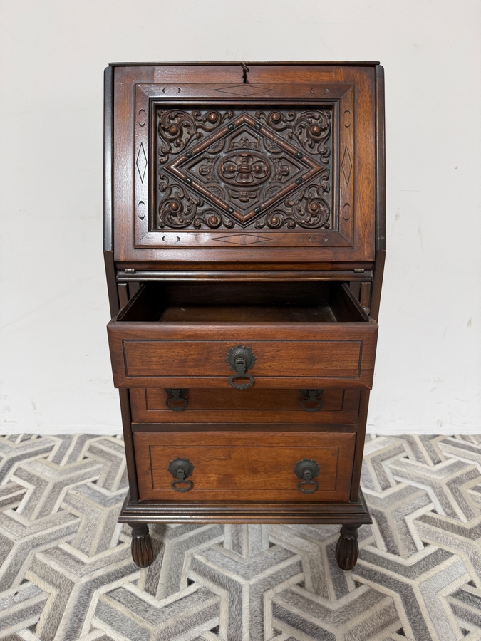 Antique Edwardian-era Hand Carved Wooden Drop-Front Secretary Desk Bureau 19W X 15D X 41.5H [Photo 8]