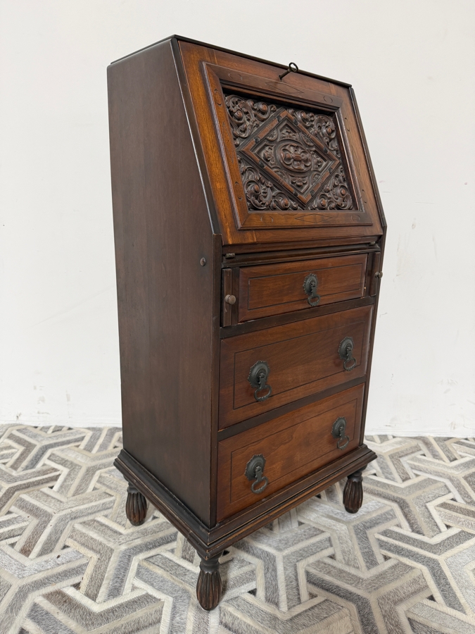 Antique Edwardian-era Hand Carved Wooden Drop-Front Secretary Desk Bureau 19W X 15D X 41.5H [Photo 9]
