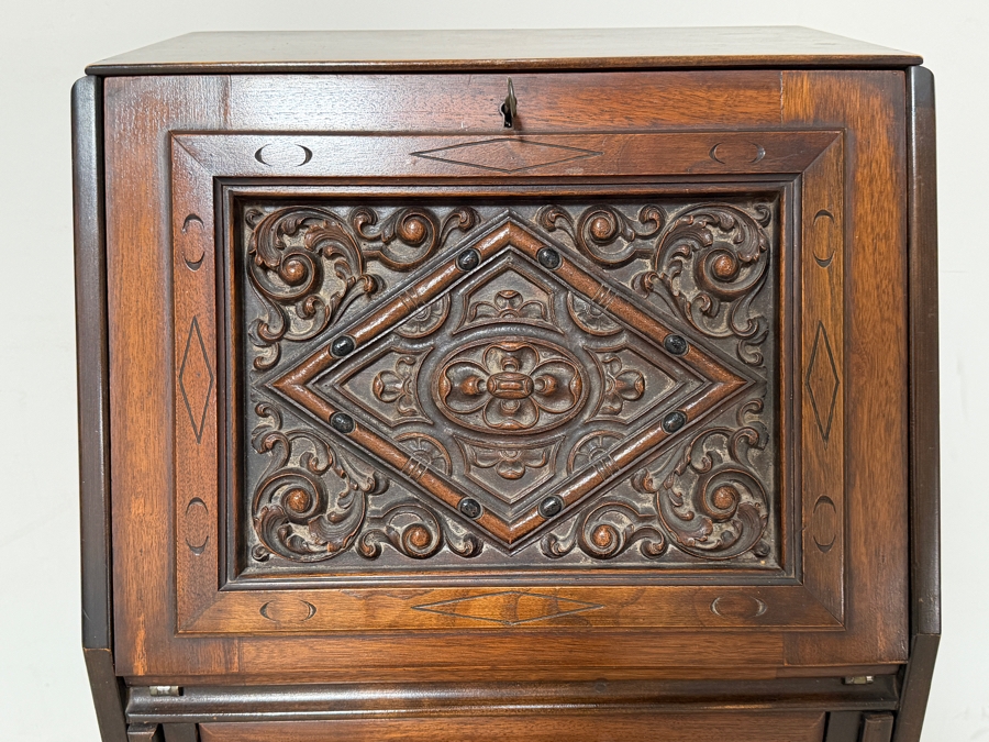 Antique Edwardian-era Hand Carved Wooden Drop-Front Secretary Desk Bureau 19W X 15D X 41.5H [Photo 3]