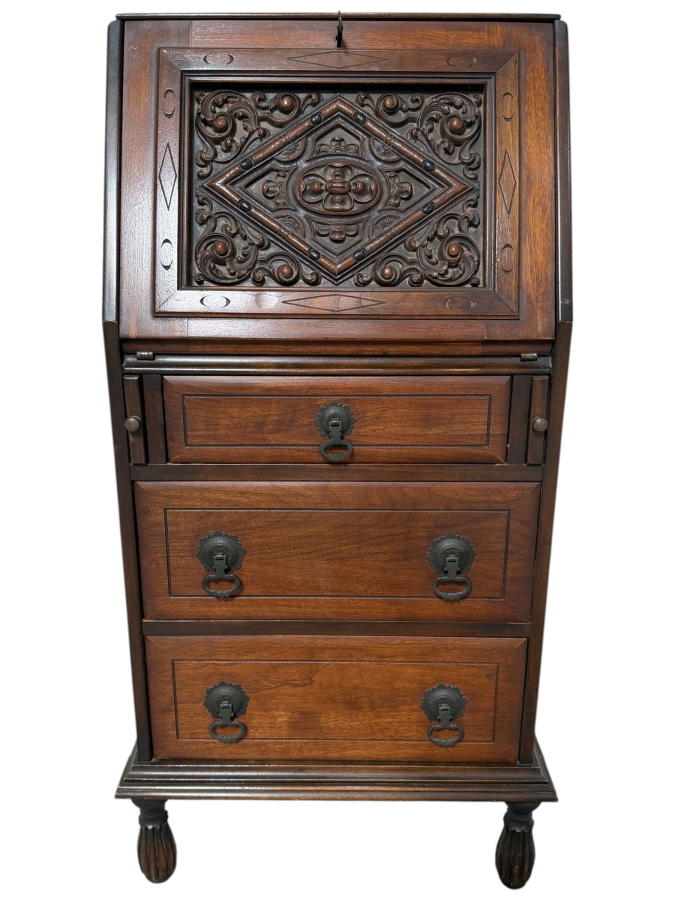 Antique Edwardian-era Hand Carved Wooden Drop-Front Secretary Desk Bureau 19W X 15D X 41.5H