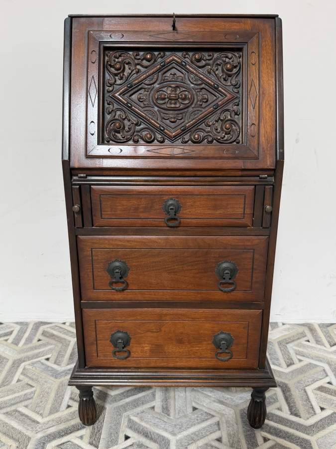 Antique Edwardian-era Hand Carved Wooden Drop-Front Secretary Desk Bureau 19W X 15D X 41.5H [Photo 2]