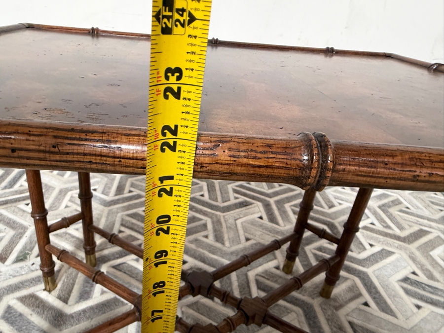Vintage Hollywood Regency Style Faux Bamboo Wooden Side Table with Burl Wood Top 28W X 19.5D X 22H [Photo 11]