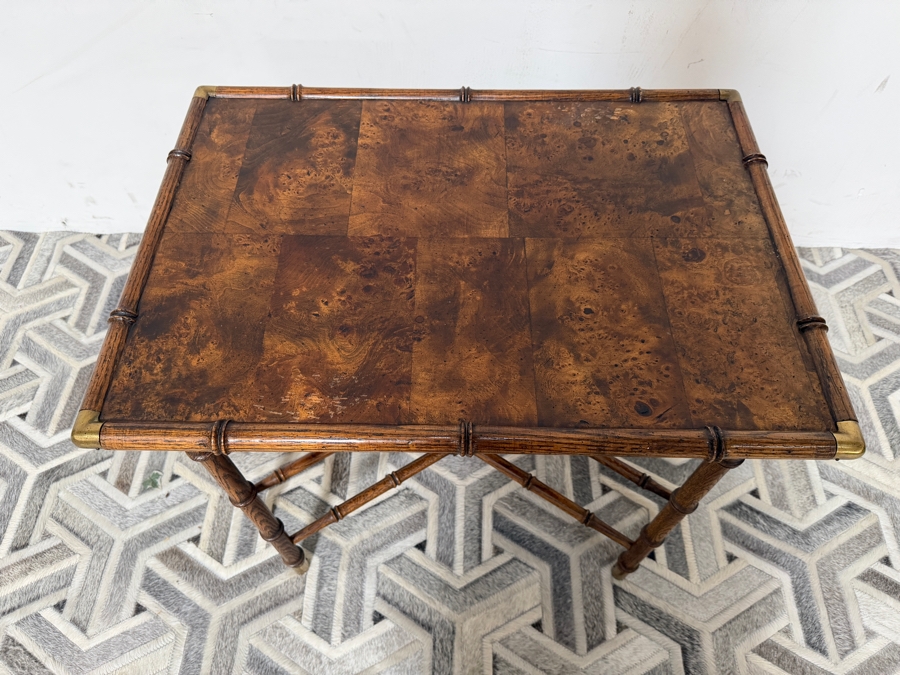 Vintage Hollywood Regency Style Faux Bamboo Wooden Side Table with Burl Wood Top 28W X 19.5D X 22H [Photo 5]
