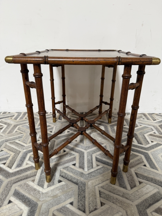 Vintage Hollywood Regency Style Faux Bamboo Wooden Side Table with Burl Wood Top 28W X 19.5D X 22H [Photo 7]