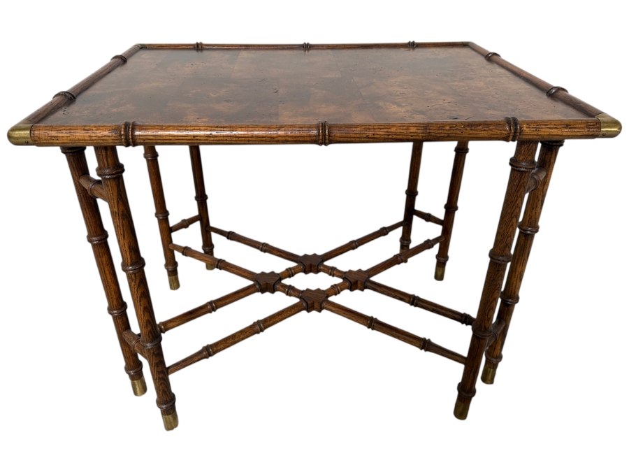 Vintage Hollywood Regency Style Faux Bamboo Wooden Side Table with Burl Wood Top 28W X 19.5D X 22H