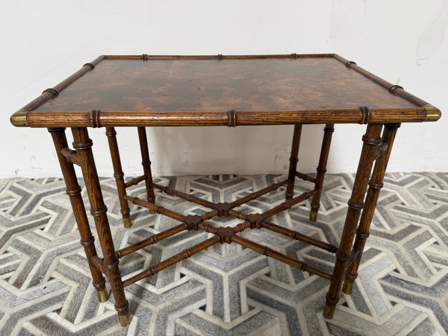 Vintage Hollywood Regency Style Faux Bamboo Wooden Side Table with Burl Wood Top 28W X 19.5D X 22H [Photo 2]