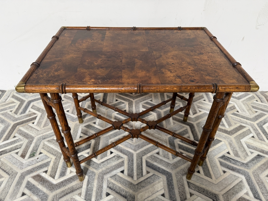 Vintage Hollywood Regency Style Faux Bamboo Wooden Side Table with Burl Wood Top 28W X 19.5D X 22H [Photo 3]