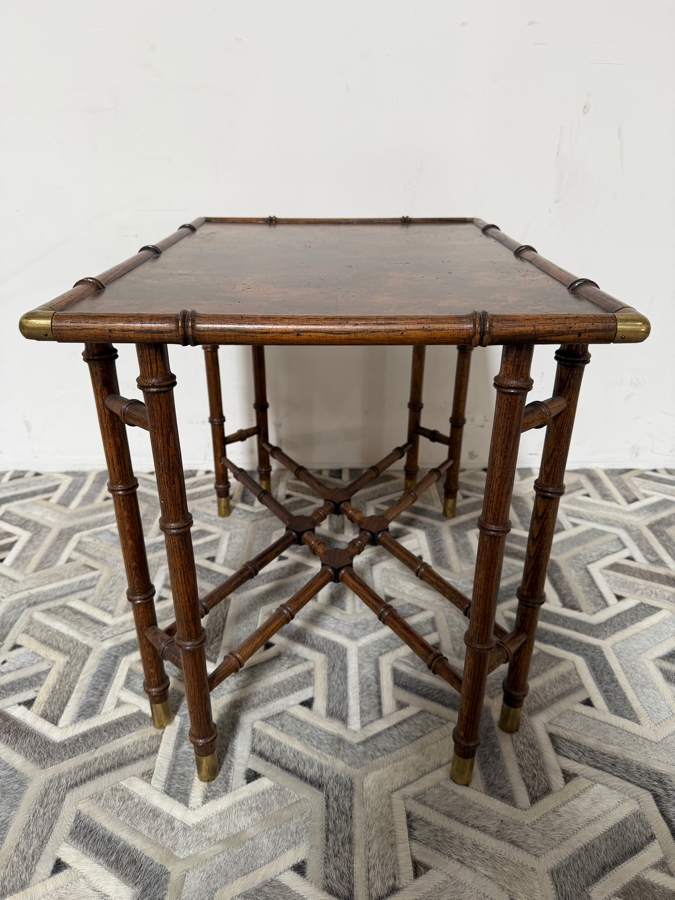 Vintage Hollywood Regency Style Faux Bamboo Wooden Side Table with Burl Wood Top 28W X 19.5D X 22H [Photo 6]