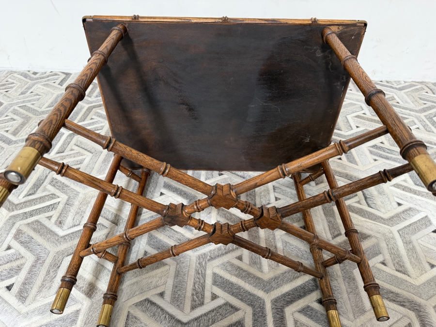 Vintage Hollywood Regency Style Faux Bamboo Wooden Side Table with Burl Wood Top 28W X 19.5D X 22H [Photo 8]