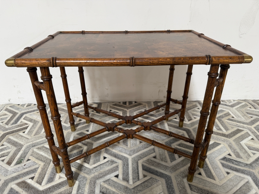Vintage Hollywood Regency Style Faux Bamboo Wooden Side Table with Burl Wood Top 28W X 19.5D X 22H [Photo 4]